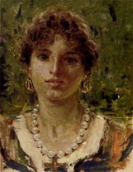 Francesco Paolo Michetti : Portrait Of A Girl Waering A Pearl Necklace